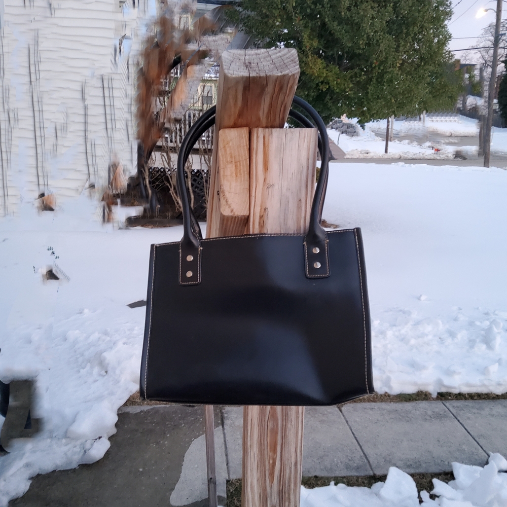 Vintage Structured Black Leather Tote Bag